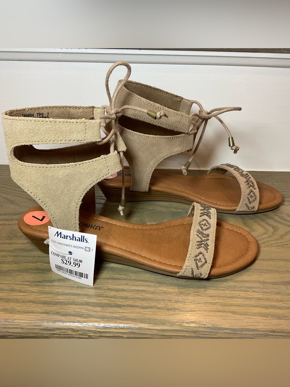 Minnetonka Taupe Suede Embroidered Lace-Up Ankle Sandal (7) - Picture 4 of 12